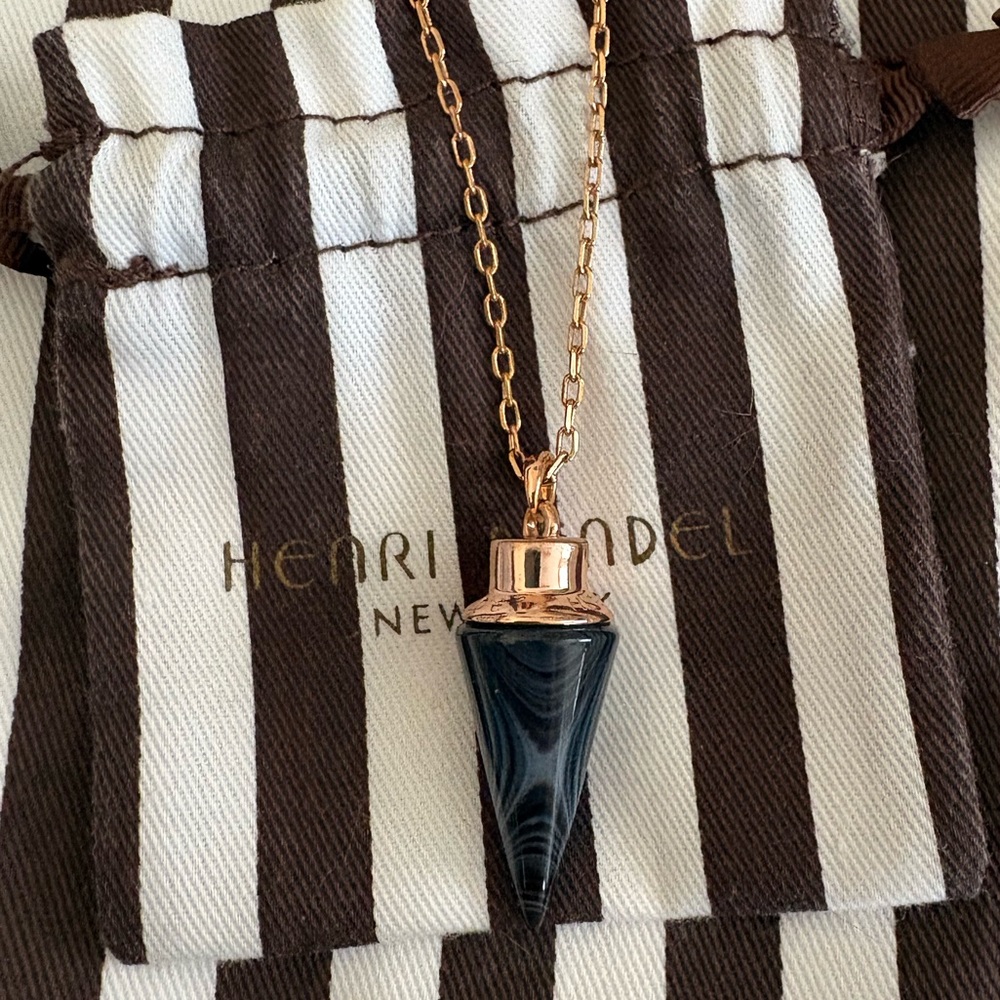 Henri Bendel Rose Gold Black Marble Conic Pendant Necklace 32”